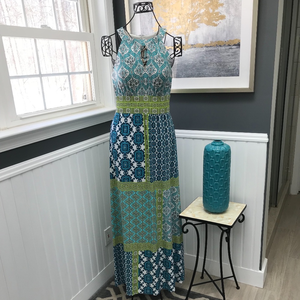 Ladies Long Turquoise Print Dress Sz 8
